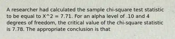 A researcher had calculated the sample chi-square test statistic to be equal to X^2 = 7.71. For an alpha level of .10 and 4 degrees of freedom, the critical value of the chi-square statistic is 7.78. The appropriate conclusion is that