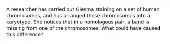 A researcher has carried out Giesma staining on a set of human chromosomes, and has arranged these chromosomes into a karyotype. She notices that in a homologous pair, a band is missing from one of the chromosomes. What could have caused this difference?