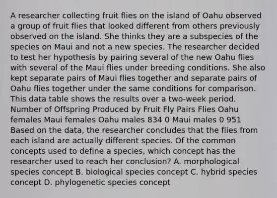 A researcher collecting fruit flies on the island of Oahu observed a group of fruit flies that looked different from others previously observed on the island. She thinks they are a subspecies of the species on Maui and not a new species. The researcher decided to test her hypothesis by pairing several of the new Oahu flies with several of the Maui flies under breeding conditions. She also kept separate pairs of Maui flies together and separate pairs of Oahu flies together under the same conditions for comparison. This data table shows the results over a two-week period. Number of Offspring Produced by Fruit Fly Pairs Flies Oahu females Maui females Oahu males 834 0 Maui males 0 951 Based on the data, the researcher concludes that the flies from each island are actually different species. Of the common concepts used to define a species, which concept has the researcher used to reach her conclusion? A. morphological species concept B. biological species concept C. hybrid species concept D. phylogenetic species concept