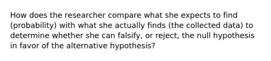 How does the researcher compare what she expects to find (probability) with what she actually finds (the collected data) to determine whether she can falsify, or reject, the null hypothesis in favor of the alternative hypothesis?