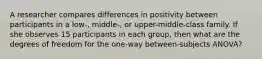 A researcher compares differences in positivity between participants in a low-, middle-, or upper-middle-class family. If she observes 15 participants in each group, then what are the degrees of freedom for the one-way between-subjects ANOVA?