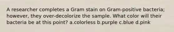 A researcher completes a Gram stain on Gram-positive bacteria; however, they over-decolorize the sample. What color will their bacteria be at this point? a.colorless b.purple c.blue d.pink