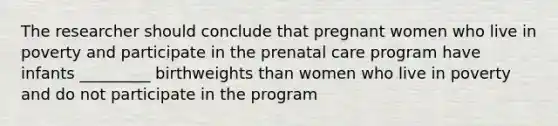 The researcher should conclude that pregnant women who live in poverty and participate in the prenatal care program have infants _________ birthweights than women who live in poverty and do not participate in the program