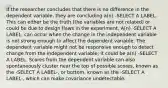 If the researcher concludes that there is no difference in the dependent variable, they are concluding a(n) -SELECT A LABEL. This can either be the truth (the variables are not related) or could be due to design flaws in the experiment. A(n) -SELECT A LABEL- can occur when the change in the independent variable is not strong enough to affect the dependent variable. The dependent variable might not be responsive enough to detect change from the independent variable; it could be a(n) -SELECT A LABEL. Scores from the dependent variable can also spontaneously cluster near the top of possible scores, known as the -SELECT A LABEL-, or bottom, known as the -SELECT A LABEL-, which can make covariance undetectable.