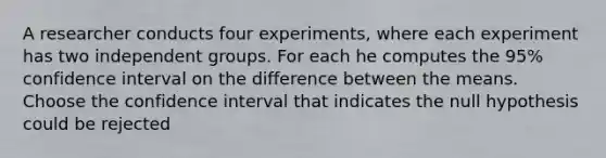 A researcher conducts four experiments, where each experiment has two independent groups. For each he computes the 95% confidence interval on the difference between the means. Choose the confidence interval that indicates the null hypothesis could be rejected