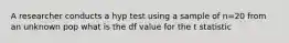 A researcher conducts a hyp test using a sample of n=20 from an unknown pop what is the df value for the t statistic