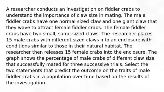 A researcher conducts an investigation on fiddler crabs to understand the importance of claw size in mating. The male fiddler crabs have one normal-sized claw and one giant claw that they wave to attract female fiddler crabs. The female fiddler crabs have two small, same-sized claws. The researcher places 15 male crabs with different sized claws into an enclosure with conditions similar to those in their natural habitat. The researcher then releases 15 female crabs into the enclosure. The graph shows the percentage of male crabs of different claw size that successfully mated for three successive trials. Select the two statements that predict the outcome on the traits of male fiddler crabs in a population over time based on the results of the investigation.