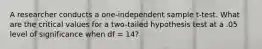 A researcher conducts a one-independent sample t-test. What are the critical values for a two-tailed hypothesis test at a .05 level of significance when df = 14?