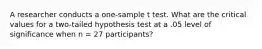 A researcher conducts a one-sample t test. What are the critical values for a two-tailed hypothesis test at a .05 level of significance when n = 27 participants?