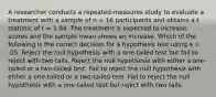 A researcher conducts a repeated-measures study to evaluate a treatment with a sample of n = 16 participants and obtains a t statistic of t = 1.94. The treatment is expected to increase scores and the sample mean shows an increase. Which of the following is the correct decision for a hypothesis test using a = .05. Reject the null hypothesis with a one-tailed test but fail to reject with two tails. Reject the null hypothesis with either a one-tailed or a two-tailed test. Fail to reject the null hypothesis with either a one-tailed or a two-tailed test. Fail to reject the null hypothesis with a one-tailed test but reject with two tails.