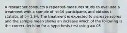 A researcher conducts a repeated-measures study to evaluate a treatment with a sample of n=16 participants and obtains t statistic of t= 1.94. The treatment is expected to increase scores and the sample mean shows an increase which of the following is the correct decision for a hypothesis test using a=.05