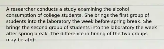 A researcher conducts a study examining the alcohol consumption of college students. She brings the first group of students into the laboratory the week before spring break. She brings the second group of students into the laboratory the week after spring break. The difference in timing of the two groups may be a(n):