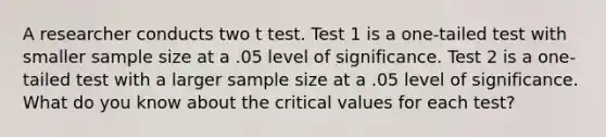 A researcher conducts two t test. Test 1 is a one-tailed test with smaller sample size at a .05 level of significance. Test 2 is a one-tailed test with a larger sample size at a .05 level of significance. What do you know about the critical values for each test?