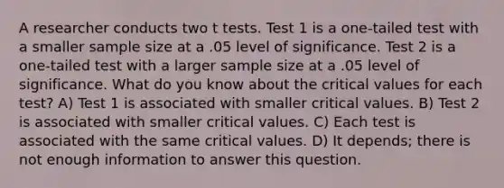 A researcher conducts two t tests. Test 1 is a one-tailed test with a smaller sample size at a .05 level of significance. Test 2 is a one-tailed test with a larger sample size at a .05 level of significance. What do you know about the critical values for each test? A) Test 1 is associated with smaller critical values. B) Test 2 is associated with smaller critical values. C) Each test is associated with the same critical values. D) It depends; there is not enough information to answer this question.