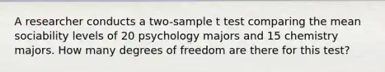 A researcher conducts a two-sample t test comparing the mean sociability levels of 20 psychology majors and 15 chemistry majors. How many degrees of freedom are there for this test?