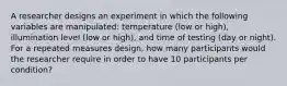 A researcher designs an experiment in which the following variables are manipulated: temperature (low or high), illumination level (low or high), and time of testing (day or night). For a repeated measures design, how many participants would the researcher require in order to have 10 participants per condition?