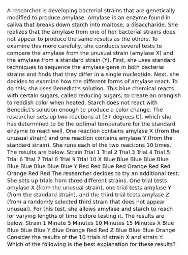 A researcher is developing bacterial strains that are genetically modified to produce amylase. Amylase is an enzyme found in saliva that breaks down starch into maltose, a disaccharide. She realizes that the amylase from one of her bacterial strains does not appear to produce the same results as the others. To examine this more carefully, she conducts several tests to compare the amylase from the unusual strain (amylase X) and the amylase from a standard strain (Y). First, she uses standard techniques to sequence the amylase gene in both bacterial strains and finds that they differ in a single nucleotide. Next, she decides to examine how the different forms of amylase react. To do this, she uses Benedict's solution. This blue chemical reacts with certain sugars, called reducing sugars, to create an orangish to reddish color when heated. Starch does not react with Benedict's solution enough to produce a color change. The researcher sets up two reactions at [37 degrees C], which she has determined to be the optimal temperature for the standard enzyme to react well. One reaction contains amylase X (from the unusual strain) and one reaction contains amylase Y (from the standard strain). She runs each of the two reactions 10 times. The results are below. Strain Trial 1 Trial 2 Trial 3 Trial 4 Trial 5 Trial 6 Trial 7 Trial 8 Trial 9 Trial 10 X Blue Blue Blue Blue Blue Blue Blue Blue Blue Blue Y Red Red Blue Red Orange Red Red Orange Red Red The researcher decides to try an additional test. She sets up trials from three different strains. One trial tests amylase X (from the unusual strain), one trial tests amylase Y (from the standard strain), and the third trial tests amylase Z (from a randomly selected third strain that does not appear unusual). For this test, she allows amylase and starch to reach for varying lengths of time before testing it. The results are below. Strain 1 Minute 5 Minutes 10 Minutes 15 Minutes X Blue Blue Blue Blue Y Blue Orange Red Red Z Blue Blue Blue Orange Consider the results of the 10 trials of strain X and strain Y. Which of the following is the best explanation for these results?