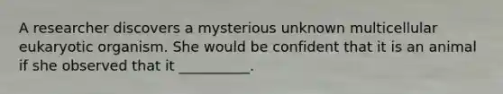 A researcher discovers a mysterious unknown multicellular eukaryotic organism. She would be confident that it is an animal if she observed that it __________.