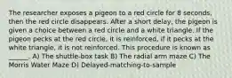 The researcher exposes a pigeon to a red circle for 8 seconds, then the red circle disappears. After a short delay, the pigeon is given a choice between a red circle and a white triangle. If the pigeon pecks at the red circle, it is reinforced, if it pecks at the white triangle, it is not reinforced. This procedure is known as ______. A) The shuttle-box task B) The radial arm maze C) The Morris Water Maze D) Delayed-matching-to-sample