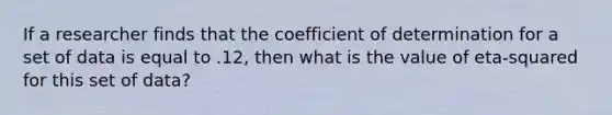 If a researcher finds that the coefficient of determination for a set of data is equal to .12, then what is the value of eta-squared for this set of data?