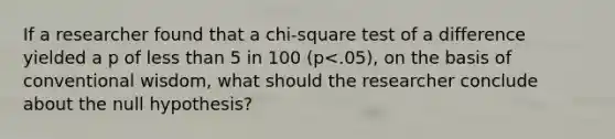 If a researcher found that a chi-square test of a difference yielded a p of <a href='https://www.questionai.com/knowledge/k7BtlYpAMX-less-than' class='anchor-knowledge'>less than</a> 5 in 100 (p<.05), on the basis of conventional wisdom, what should the researcher conclude about the null hypothesis?