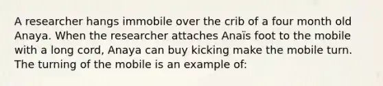 A researcher hangs immobile over the crib of a four month old Anaya. When the researcher attaches Anaïs foot to the mobile with a long cord, Anaya can buy kicking make the mobile turn. The turning of the mobile is an example of: