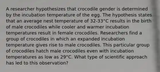 A researcher hypothesizes that crocodile gender is determined by the incubation temperature of the egg. The hypothesis states that an average nest temperature of 32-33°C results in the birth of male crocodiles while cooler and warmer incubation temperatures result in female crocodiles. Researchers find a group of crocodiles in which an expanded incubation temperature gives rise to male crocodiles. This particular group of crocodiles hatch male crocodiles even with incubation temperatures as low as 29°C. What type of scientific approach has led to this observation?