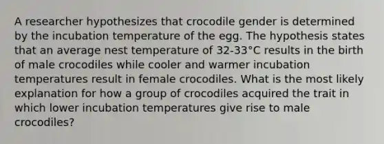 A researcher hypothesizes that crocodile gender is determined by the incubation temperature of the egg. The hypothesis states that an average nest temperature of 32-33°C results in the birth of male crocodiles while cooler and warmer incubation temperatures result in female crocodiles. What is the most likely explanation for how a group of crocodiles acquired the trait in which lower incubation temperatures give rise to male crocodiles?