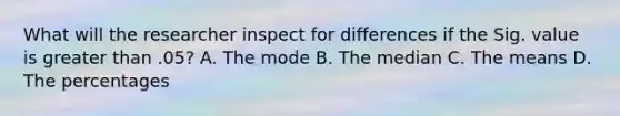 What will the researcher inspect for differences if the Sig. value is <a href='https://www.questionai.com/knowledge/ktgHnBD4o3-greater-than' class='anchor-knowledge'>greater than</a> .05? A. The mode B. The median C. The means D. The percentages