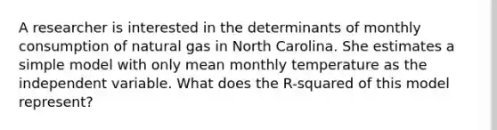 A researcher is interested in the determinants of monthly consumption of natural gas in North Carolina. She estimates a simple model with only mean monthly temperature as the independent variable. What does the R-squared of this model represent?