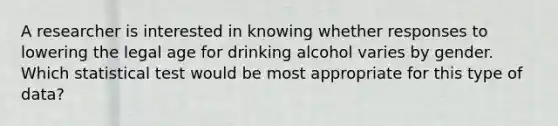 A researcher is interested in knowing whether responses to lowering the legal age for drinking alcohol varies by gender. Which statistical test would be most appropriate for this type of data?