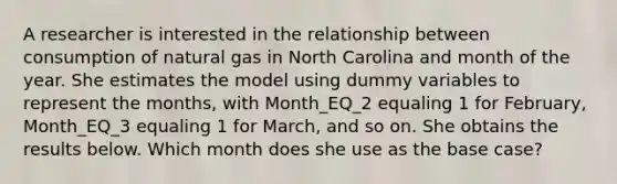 A researcher is interested in the relationship between consumption of natural gas in North Carolina and month of the year. She estimates the model using dummy variables to represent the months, with Month_EQ_2 equaling 1 for February, Month_EQ_3 equaling 1 for March, and so on. She obtains the results below. Which month does she use as the base case?