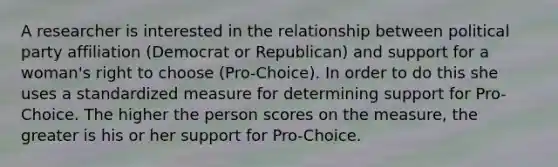 A researcher is interested in the relationship between political party affiliation (Democrat or Republican) and support for a woman's right to choose (Pro-Choice). In order to do this she uses a standardized measure for determining support for Pro-Choice. The higher the person scores on the measure, the greater is his or her support for Pro-Choice.