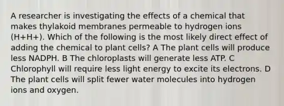 A researcher is investigating the effects of a chemical that makes thylakoid membranes permeable to hydrogen ions (H+H+). Which of the following is the most likely direct effect of adding the chemical to plant cells? A The plant cells will produce less NADPH. B The chloroplasts will generate less ATP. C Chlorophyll will require less light energy to excite its electrons. D The plant cells will split fewer water molecules into hydrogen ions and oxygen.