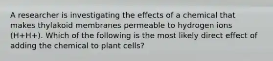 A researcher is investigating the effects of a chemical that makes thylakoid membranes permeable to hydrogen ions (H+H+). Which of the following is the most likely direct effect of adding the chemical to plant cells?