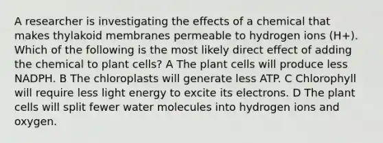 A researcher is investigating the effects of a chemical that makes thylakoid membranes permeable to hydrogen ions (H+). Which of the following is the most likely direct effect of adding the chemical to plant cells? A The plant cells will produce less NADPH. B The chloroplasts will generate less ATP. C Chlorophyll will require less light energy to excite its electrons. D The plant cells will split fewer water molecules into hydrogen ions and oxygen.