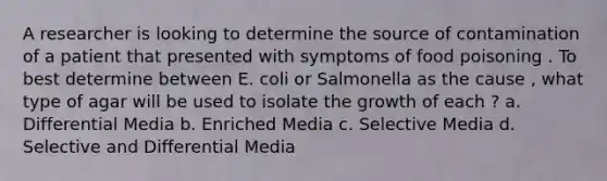 A researcher is looking to determine the source of contamination of a patient that presented with symptoms of food poisoning . To best determine between E. coli or Salmonella as the cause , what type of agar will be used to isolate the growth of each ? a. Differential Media b. Enriched Media c. Selective Media d. Selective and Differential Media