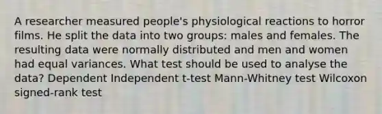 A researcher measured people's physiological reactions to horror films. He split the data into two groups: males and females. The resulting data were normally distributed and men and women had equal variances. What test should be used to analyse the data? Dependent Independent t-test Mann-Whitney test Wilcoxon signed-rank test