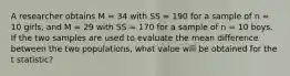 A researcher obtains M = 34 with SS = 190 for a sample of n = 10 girls, and M = 29 with SS = 170 for a sample of n = 10 boys. If the two samples are used to evaluate the mean difference between the two populations, what value will be obtained for the t statistic?