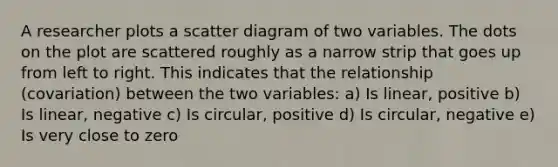 A researcher plots a scatter diagram of two variables. The dots on the plot are scattered roughly as a narrow strip that goes up from left to right. This indicates that the relationship (covariation) between the two variables: a) Is linear, positive b) Is linear, negative c) Is circular, positive d) Is circular, negative e) Is very close to zero