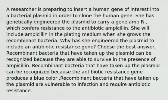 A researcher is preparing to insert a human gene of interest into a bacterial plasmid in order to clone the human gene. She has genetically engineered the plasmid to carry a gene amp R , which confers resistance to the antibiotic ampicillin. She will include ampicillin in the plating medium when she grows the recombinant bacteria. Why has she engineered the plasmid to include an antibiotic resistance gene? Choose the best answer. Recombinant bacteria that have taken up the plasmid can be recognized because they are able to survive in the presence of ampicillin. Recombinant bacteria that have taken up the plasmid can be recognized because the antibiotic resistance gene produces a blue color .Recombinant bacteria that have taken up the plasmid are vulnerable to infection and require antibiotic resistance.