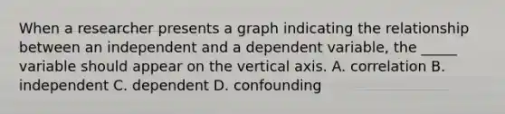 When a researcher presents a graph indicating the relationship between an independent and a dependent variable, the _____ variable should appear on the vertical axis. A. correlation B. independent C. dependent D. confounding