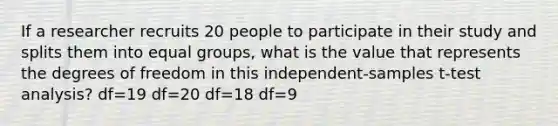 If a researcher recruits 20 people to participate in their study and splits them into equal groups, what is the value that represents the degrees of freedom in this independent-samples t-test analysis? df=19 df=20 df=18 df=9