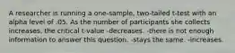 A researcher is running a one-sample, two-tailed t-test with an alpha level of .05. As the number of participants she collects increases, the critical t-value -decreases. -there is not enough information to answer this question. -stays the same. -increases.