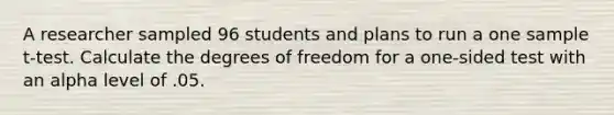 A researcher sampled 96 students and plans to run a one sample t-test. Calculate the degrees of freedom for a one-sided test with an alpha level of .05.