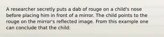 A researcher secretly puts a dab of rouge on a child's nose before placing him in front of a mirror. The child points to the rouge on the mirror's reflected image. From this example one can conclude that the child: