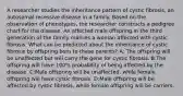 A researcher studies the inheritance pattern of cystic fibrosis, an autosomal recessive disease in a family. Based on the observation of phenotypes, the researcher constructs a pedigree chart for the disease. An affected male offspring in the third generation of the family marries a woman affected with cystic fibrosis. What can be predicted about the inheritance of cystic fibrosis by offspring born to these parents? A: The offspring will be unaffected but will carry the gene for cystic fibrosis. B:The offspring will have 100% probability of being affected by the disease. C:Male offspring will be unaffected, while female offspring will have cystic fibrosis. D:Male offspring will be affected by cystic fibrosis, while female offspring will be carriers.