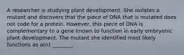 A researcher is studying plant development. She isolates a mutant and discovers that the piece of DNA that is mutated does not code for a protein. However, this piece of DNA is complementary to a gene known to function in early embryonic plant development. The mutant she identified most likely functions as a(n) ________.