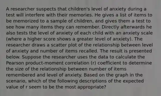 A researcher suspects that children's level of anxiety during a test will interfere with their memories. He gives a list of items to be memorized to a sample of children, and gives them a test to see how many items they can remember. Directly afterwards he also tests the level of anxiety of each child with an anxiety scale (where a higher score shows a greater level of anxiety). The researcher draws a scatter plot of the relationship between level of anxiety and number of items recalled. The result is presented below. Suppose the researcher uses the data to calculate the Pearson product-moment correlation (r) coefficient to determine the size of the relationship between number of items remembered and level of anxiety. Based on the graph in the scenario, which of the following descriptions of the expected value of r seem to be the most appropriate?