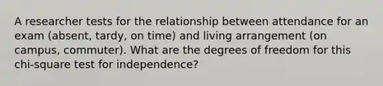 A researcher tests for the relationship between attendance for an exam (absent, tardy, on time) and living arrangement (on campus, commuter). What are the degrees of freedom for this chi-square test for independence?